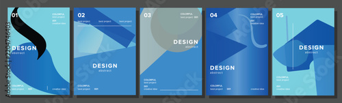 Set of five modern abstract posters featuring various dynamic blue geometric shapes and curves, creating a contemporary and minimalist visual background for diverse projects