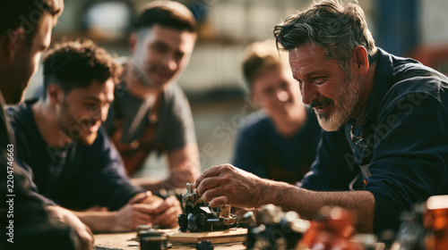 Men gather around a table, engaged in a game