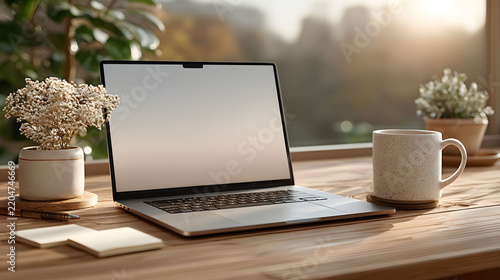 Cozy Home Office Setup with Laptop, Coffee Mug, and Plant Decor for Productivity Inspiration