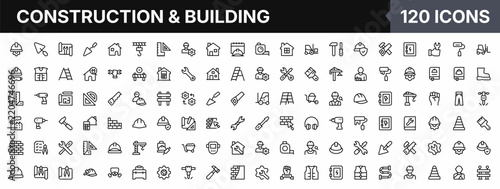 Set of 120 construction and building line icons, including tools, equipment, safety gear, and architectural elements for professional design projects