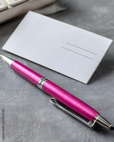 Elegant Pink Pen on Grey Desk with Blank Card for Office Stationery and Communication Design