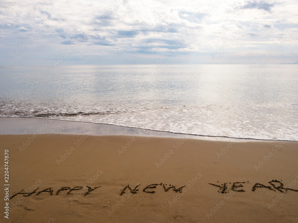 Fototapeta premium Happy New Year message written in beach sand with ocean view