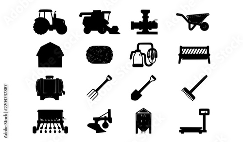 Agricultural Farming Equipment and Livestock Tools Icon Set Vector Illustration