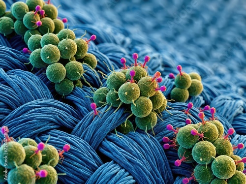 A dramatic microscopic view showing round bacteria clusters and small virus particles adhering tightly to the woven fibers of a textile surface, health, microorganisms, microbiology