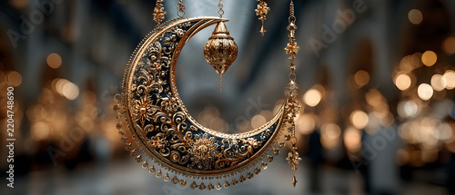 Ornate Crescent Moon and Star Decoration with Intricate Details for Islamic Celebrations