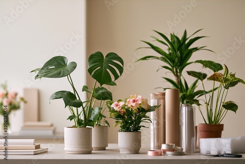 Lush potted houseplants creating a calming display against a beige workshop background with copy space