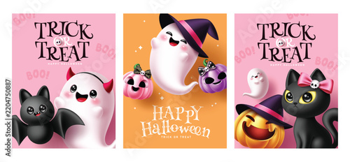 Cute Trick or Treat Halloween Characters Clipart Poster Set. Coquette Halloween greeting card collection clip art with adorable ghosts, black cat, bat, colorful jack o lantern pumpkin and Playful 