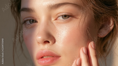 Close up portrait of young woman with flawless skin and natural glow sun