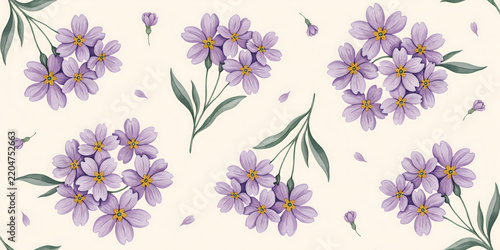 Seamless pattern with clusters of soft purple flowers and green leaves on a light cream background, watercolor style botanical print