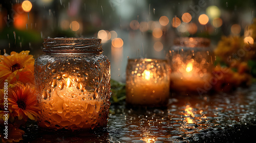 Rainy Evening Candles with Yellow Flowers in Soft Focus for Tranquil Atmosphere