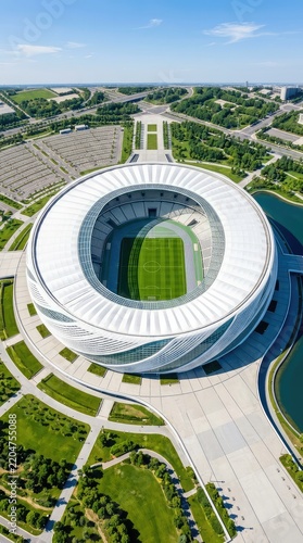 Aerial shot captures a vast sports arena during the daytime, showing its large external structure, curving facade, and detailed interior pitch, seats, cloud, complex