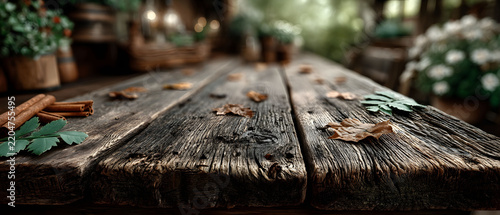 Rustic Autumn Table with Wooden Surface Decorated with Leaves and Cinnamon Sticks for Seasonal Design