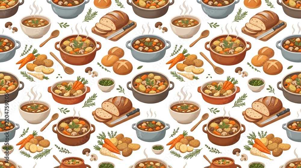 Fototapeta premium Hearty Stews and Rustic Vegetables Seamless Pattern A Delicious Backdrop of Home-Cooked Meals and Fresh Ingredients
