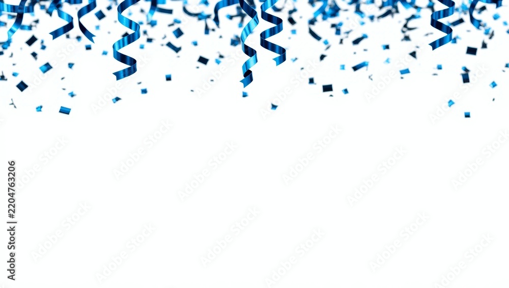 Fototapeta premium Blue metallic confetti and curled ribbon streamers are falling against a white background, creating a cheerful, festive celebration