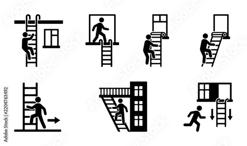 Fire Escape Ladder Icons, Building Evacuation Safety Signs, Emergency Exit Vector Graphics