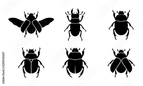 Six Black Beetle Silhouettes Vector Icons, Insect Collection, Entomology Graphics, Wildlife Art