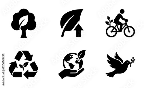 Eco Icons Set, Green Living Symbols, Nature Conservation Graphics, Sustainability Vector Collection