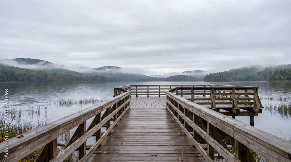 Fototapeta premium Cloudy Lakeside Boardwalk with Misty Mountains for Travel