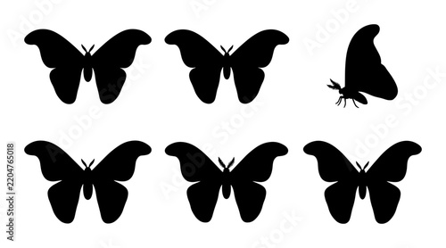 Six Black Butterfly Silhouettes, Insect Vector Icons, Winged Creature Graphics, Nature Element Collection