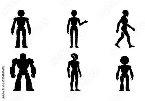 Robot Silhouettes, Futuristic Android Figures, Humanoid AI Characters, Sci-Fi Mechanical Beings