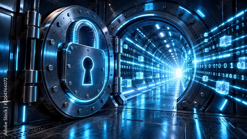 Fototapeta premium Open metallic bank vault door with glowing blue padlock symbol revealing digital data tunnel representing cyber security and information protection