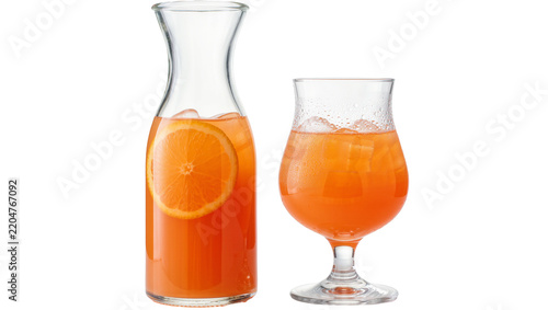 Clear glass carafe and stemmed glass filled with orange juice and ice, isolated on transparent background