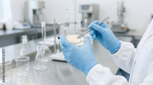 Scientist Using Tweezers to Examine Cream Sample in Petri Dish