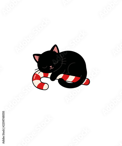 Cuadro en lienzo Cute black cat sleeping on a Christmas candy cane, festive holiday kitten illust