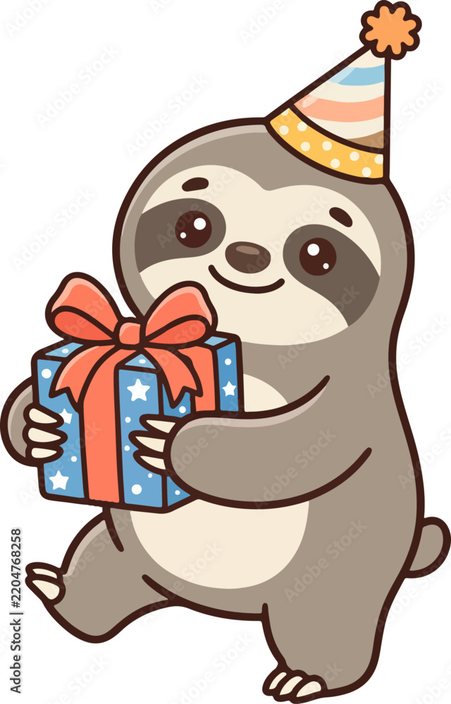 Fototapeta premium Cute Cartoon Sloth Wearing Party Hat Holding a Birthday Gift