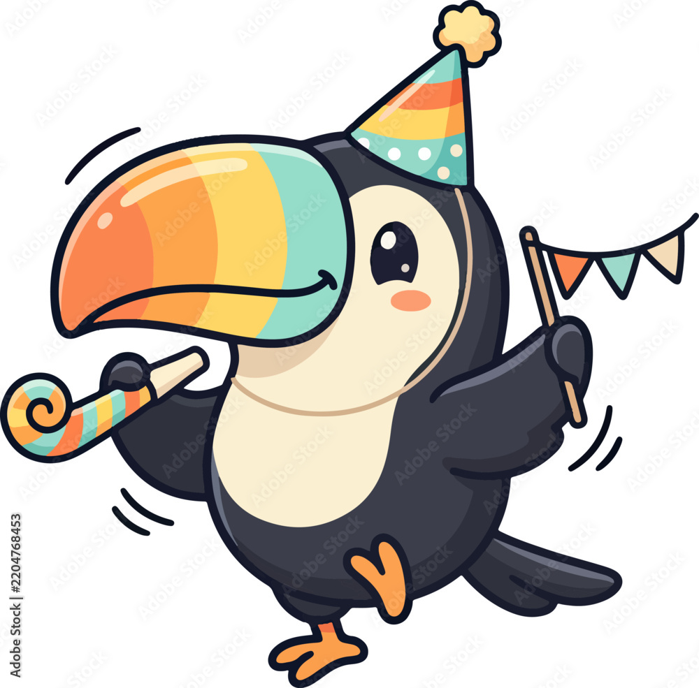 Obraz premium Cute Cartoon Toucan Celebrating with Party Hat and Colorful Beak