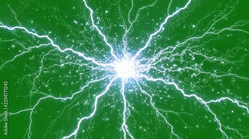 Intense electrical discharge flashing across a green screen. Realistic lightning bolt with sparks, ideal for visual effects and compositing