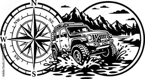 Off-Road SUV Adventure Illustration with Compass and Mountains
