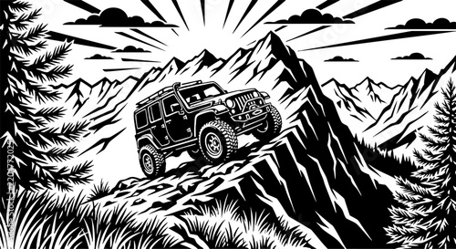 Off-road 4x4 vehicle climbing mountain ridge vector illustration
