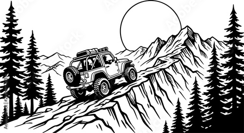 Off-road 4x4 vehicle driving on mountain ridge adventure illustration