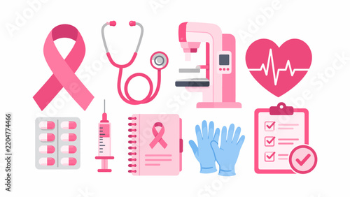 Breast cancer medical equipment icon set vector including mammography machine stethoscope syringe pills and pink ribbon for oncology screening concept