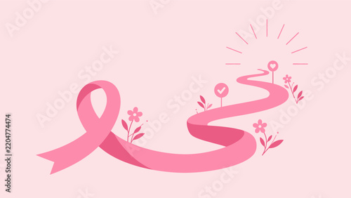 Breast cancer recovery road concept vector illustrating pink ribbon path leading to sunrise with flowers representing hope and survivor journey