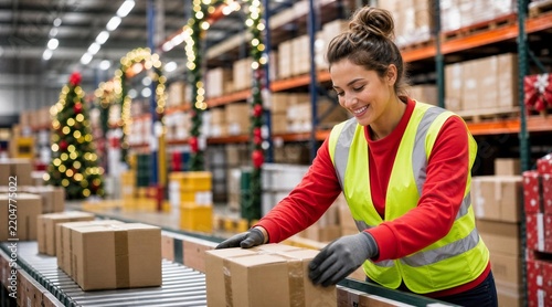 Warehouse Worker Packing Boxes During Holiday Season