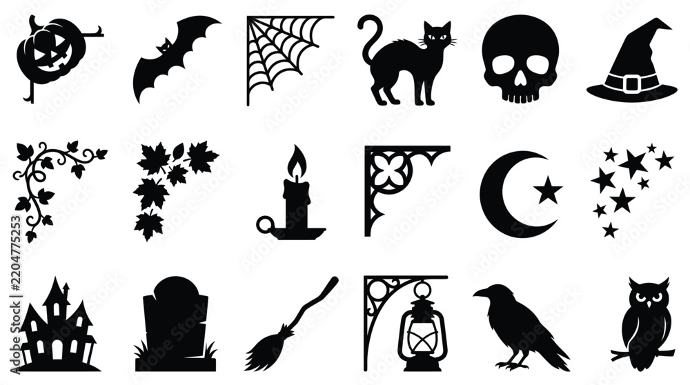 Fototapeta premium Halloween-themed icons set featuring bats, ghosts, jack-o'-lanterns, and witches for spooky greeting cards, banners, or