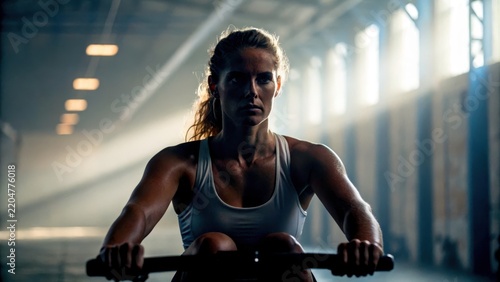 hyrox workout race concept. Woman rowing indoor with intense focus in moody gym light
