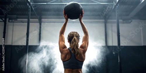 hyrox workout race concept. Athletic woman lifting a heavy medicine ball overhead in a gym with chalk dust creating a dramatic effect.