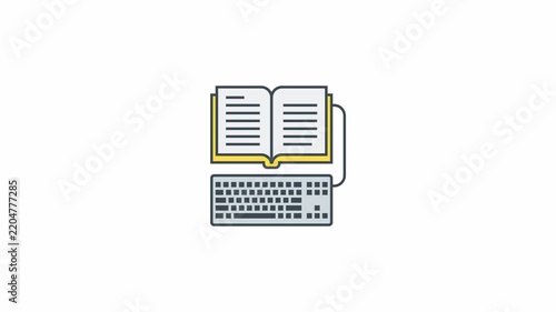 Minimalist digital icon showing an open book connected to a computer keyboard.