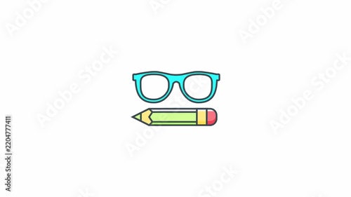Minimalist flat icon of eyeglasses and a pencil on a clean white background.