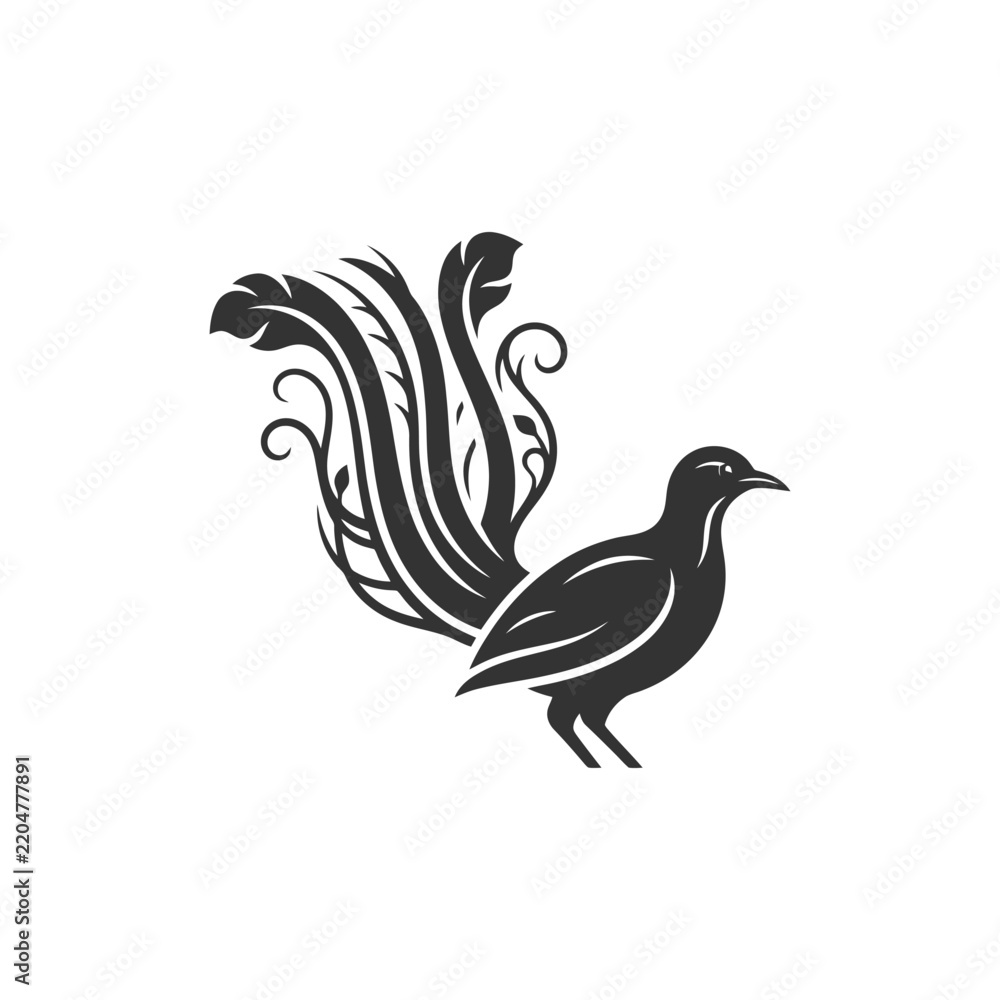 Fototapeta premium Elegant bird silhouette with ornate tail design in black and white.
