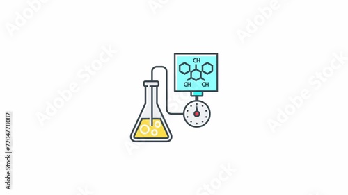 Scientific chemical experiment with flask and molecular structure analysis icon.