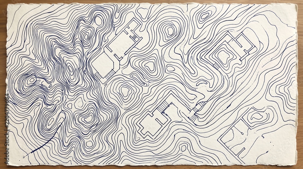 Fototapeta premium Blue ink contour line topographic map drawing on textured paper with architectural building shapes