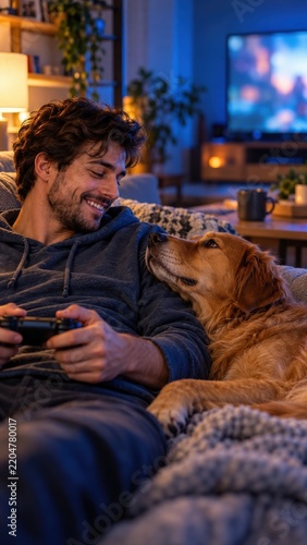 Man Gaming on Sofa With Golden Retriever Beside Him