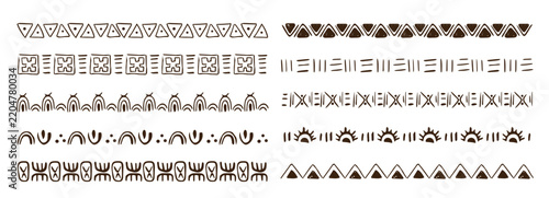 Tribal border set with African motifs crayon scribbles geometric patterns. Polynesian lines and ancient wave designs for ethnic decor projects.