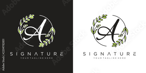 Elegant Initial A Logo with Floral Element. Minimalist A Monogram with Botanical Illustration. Wedding logos, hand drawn elegant
