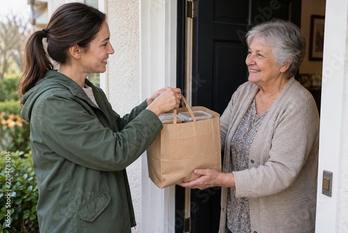 Volunteer delivering a meal to an older woman at home