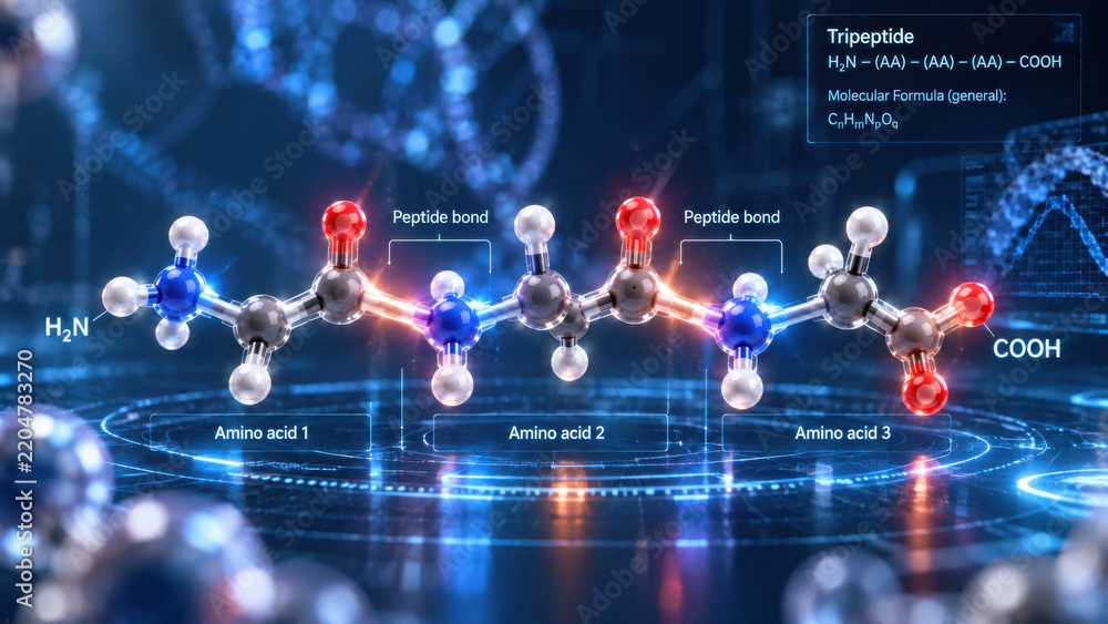 Obraz premium Tripeptide molecular structure with amino acid and peptide bond details in futuristic digital scientific environment